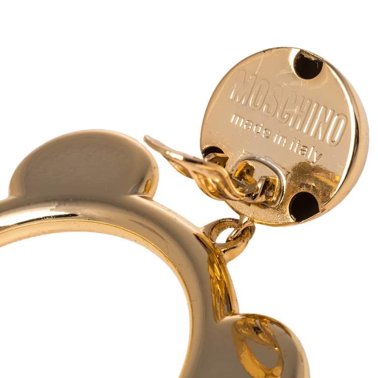 Pre Owned Moschino Teddy Bear Motif Gold Tone Clip On Hoop Earrings