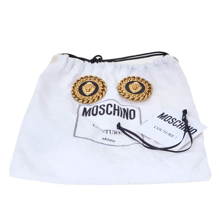 Moschino Lion Motif Black Enamel Gold Tone Round Stud Earrings Moschino ...