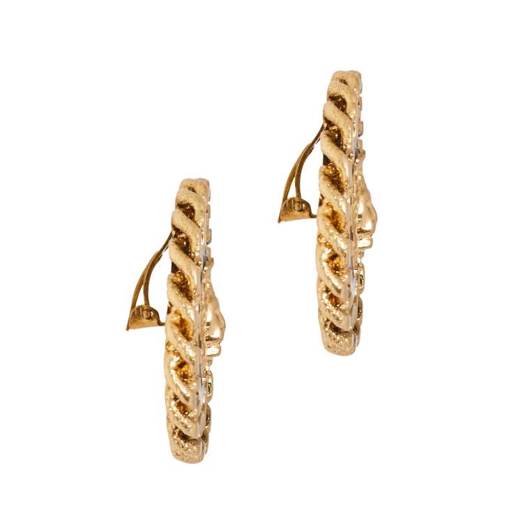 Pre Owned Moschino Lion Motif Black Enamel Gold Tone Round Stud Earrings