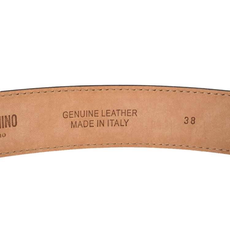 Pre Owned Moschino Metallic Silver Leather Logo Buckle Belt 85 CM