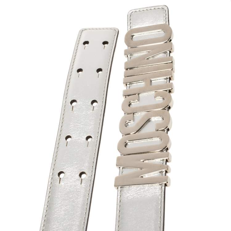 Pre Owned Moschino Metallic Silver Leather Logo Buckle Belt 85 CM