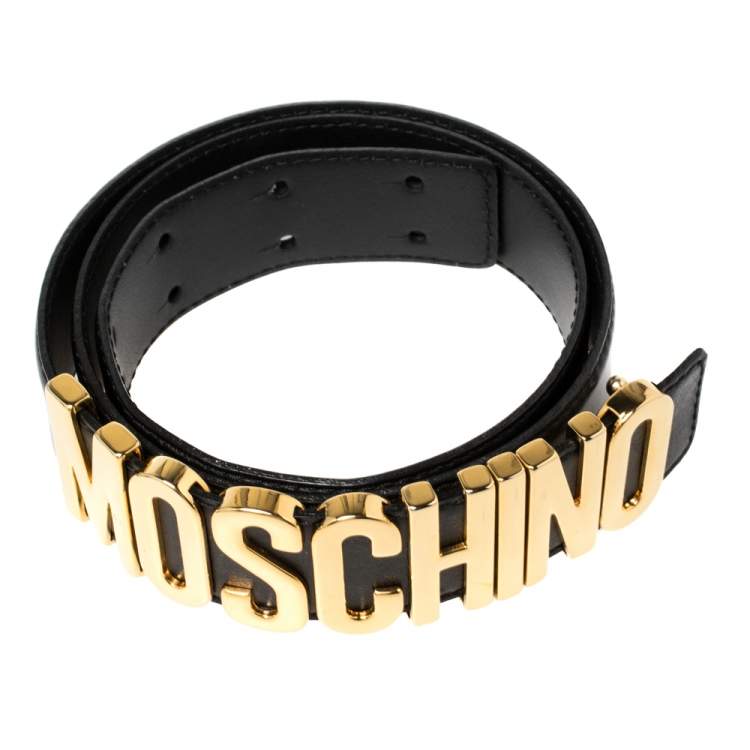 Pre Owned Moschino Black Leather Redwall Logo Waist Belt 94CM