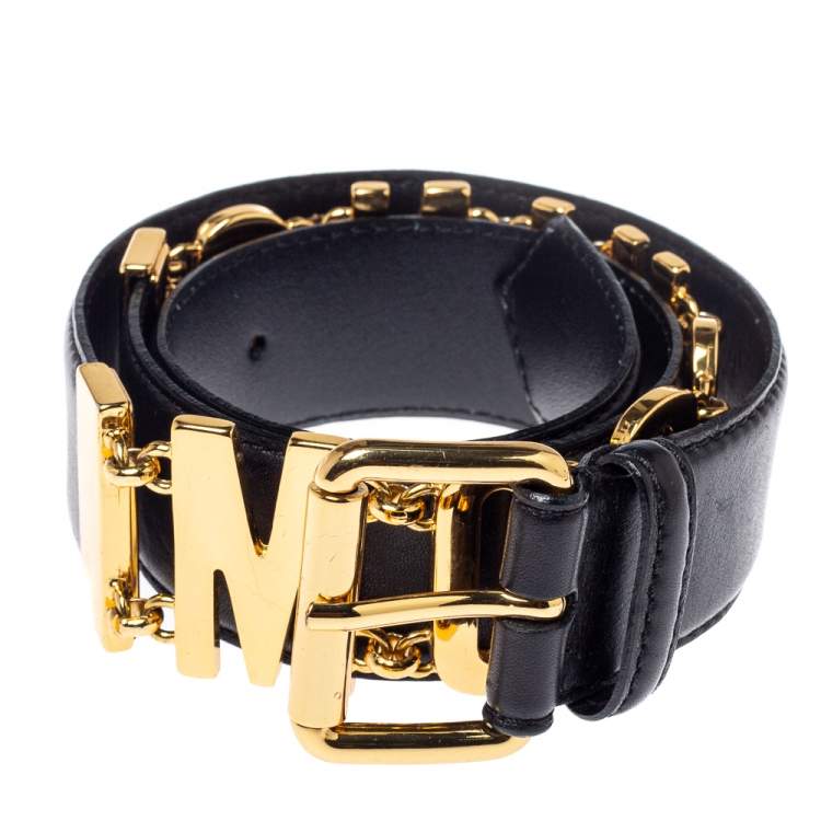 Pre Owned Moschino Black Leather Logo Chain Belt 85CM