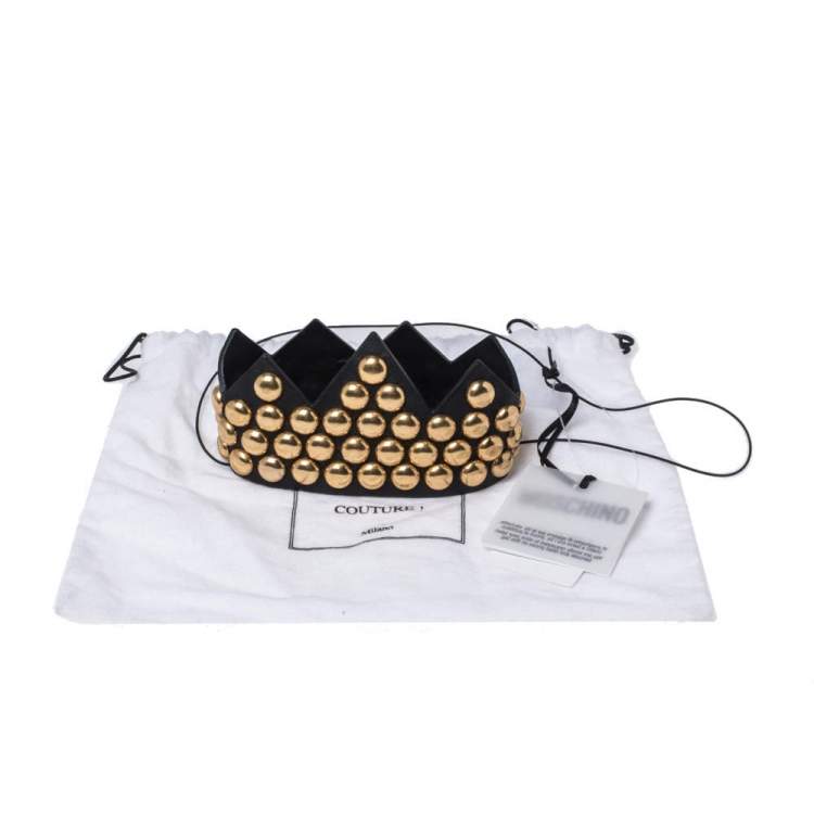 Pre Owned Moschino Black Leather Gold Tone Studded Crown