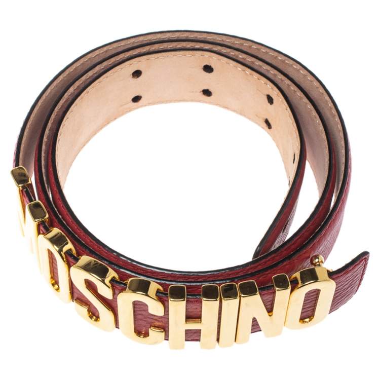 Pre Owned Moschino Red Leather Classic Logo Belt 95CM