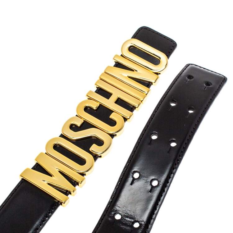 Pre Owned Moschino Black Leather Redwall Logo Waist Belt 80CM