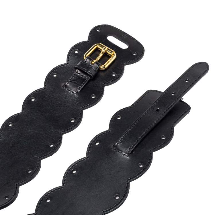 Pre Owned Moschino Black Leather Scallop Waist Belt 75CM