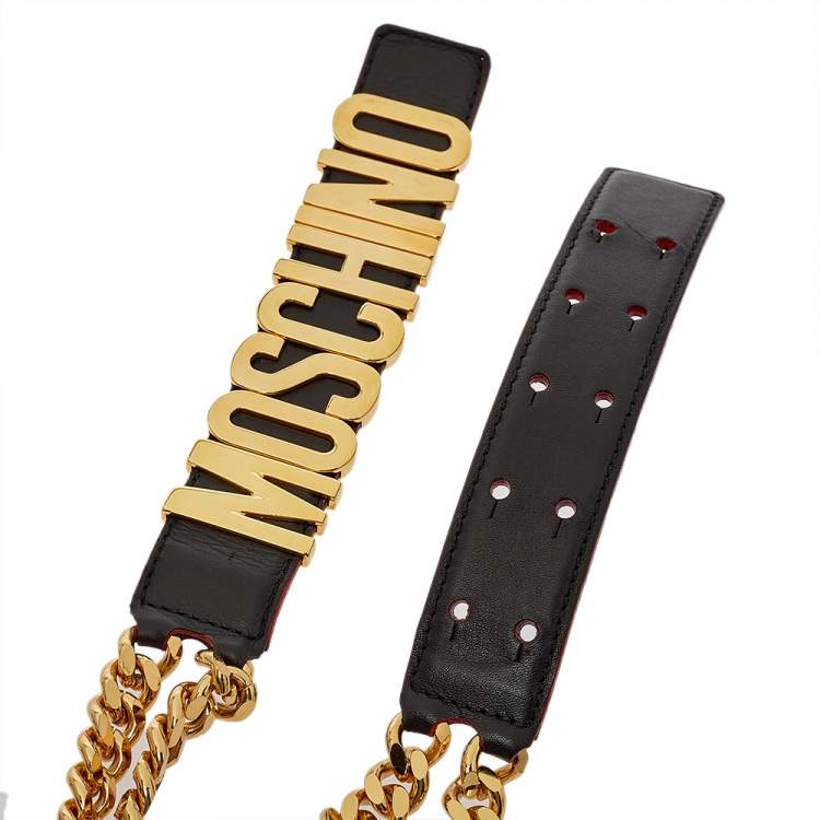 Pre Owned Moschino Black Leather 30th Anniversary Chain Belt 90 CM