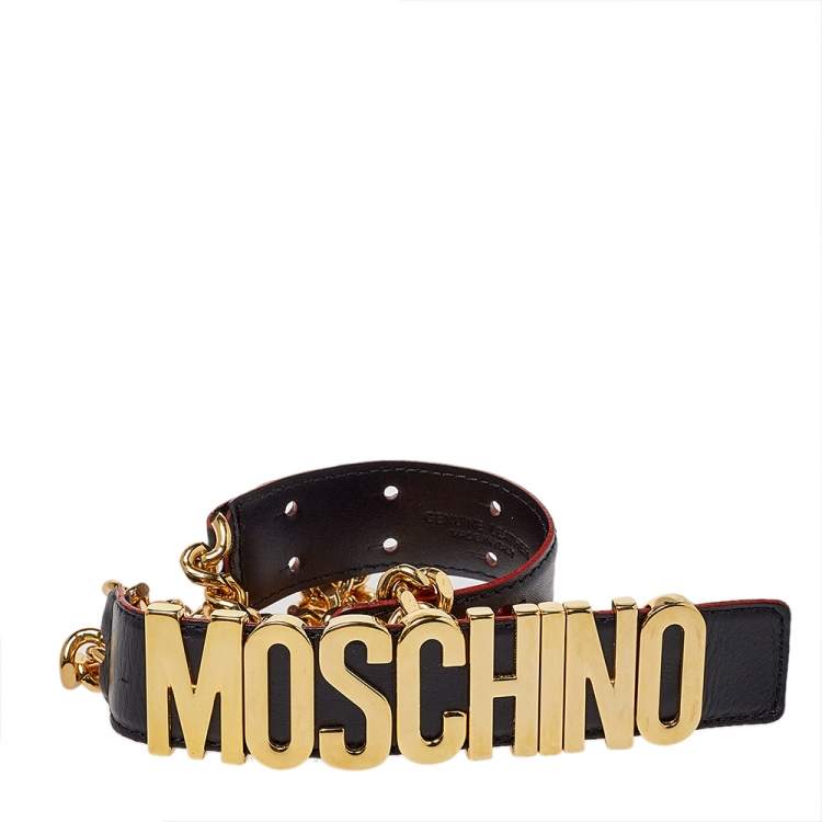 Pre Owned Moschino Black Leather 30th Anniversary Chain Belt 90 CM