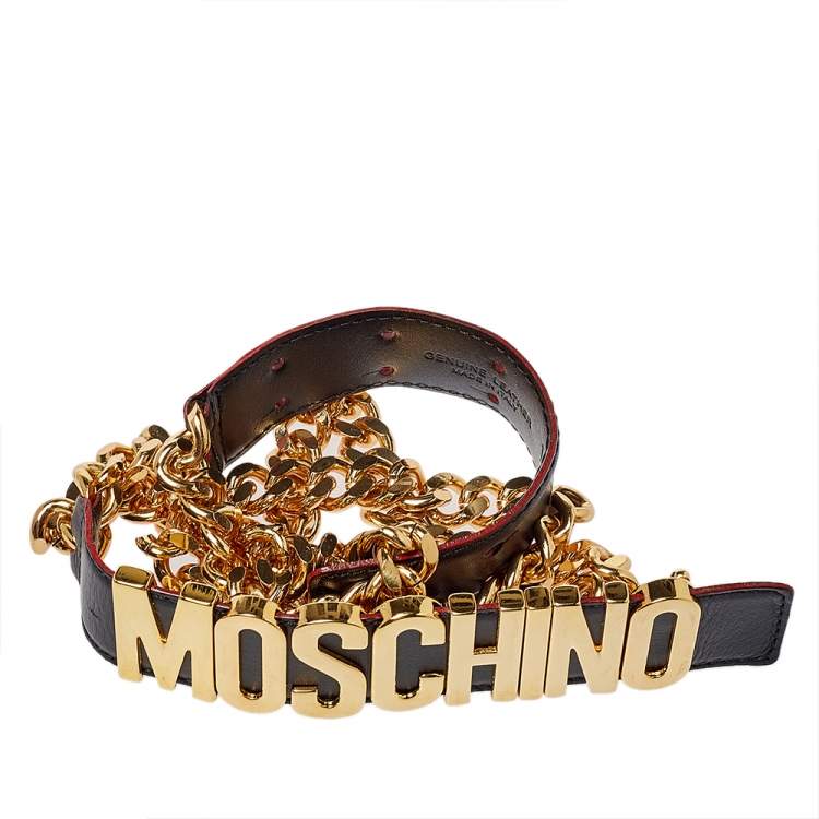 Pre Owned Moschino Black Leather 30th Anniversary Chain Belt 90 CM