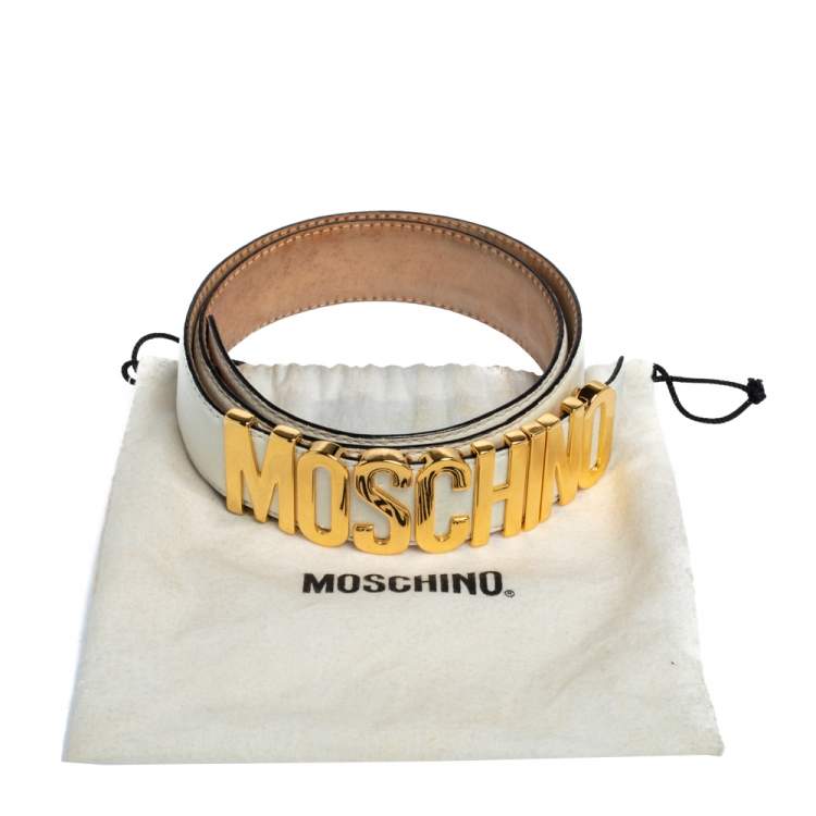 Pre Owned Moschino White Grained Leather Classic Logo Belt 85CM