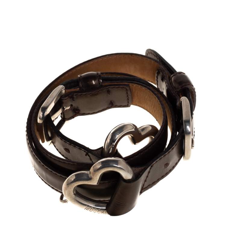 Pre Owned Moschino Metallic Brown Leather Heart Buckle Belt 