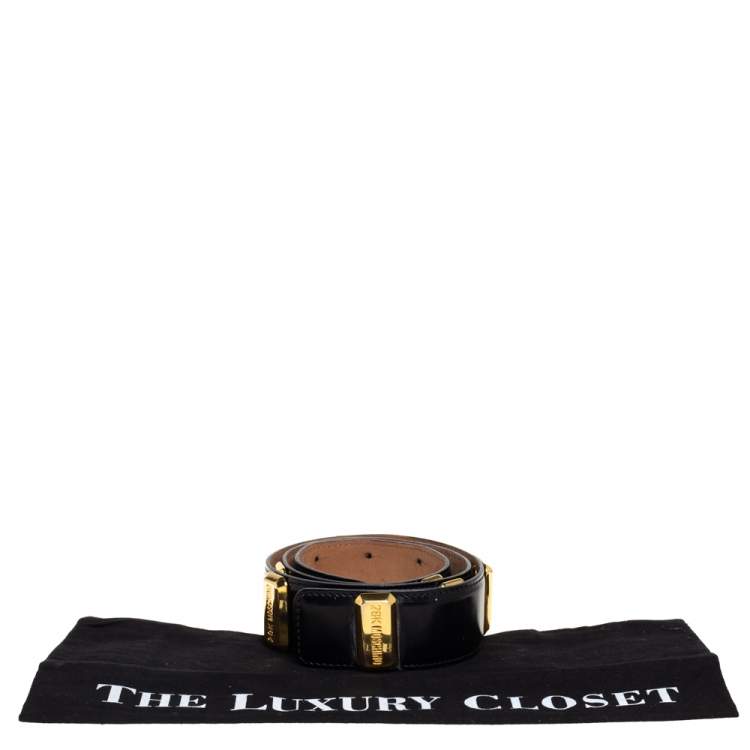 Pre Owned Moschino Black Redwall Leather Logo Bar Belt 90CM