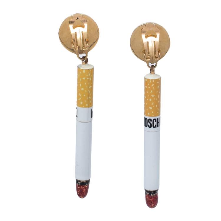 Pre Owned Moschino Gold Tone It's Lit Cigarette Clip-On Earrings
