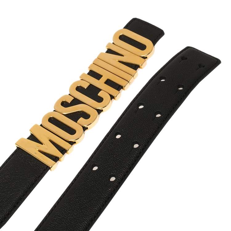 مملوكة مسبقًا Moschino Black Grained Leather Classic Logo Belt 95CM