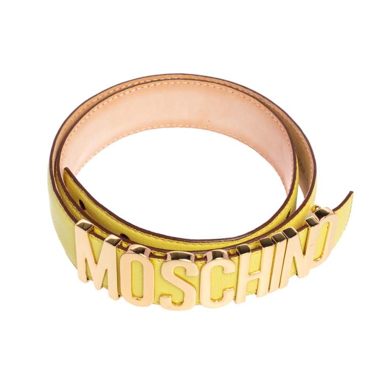 Pre Owned Moschino Yellow Leather Classic Logo Belt 95 CM
