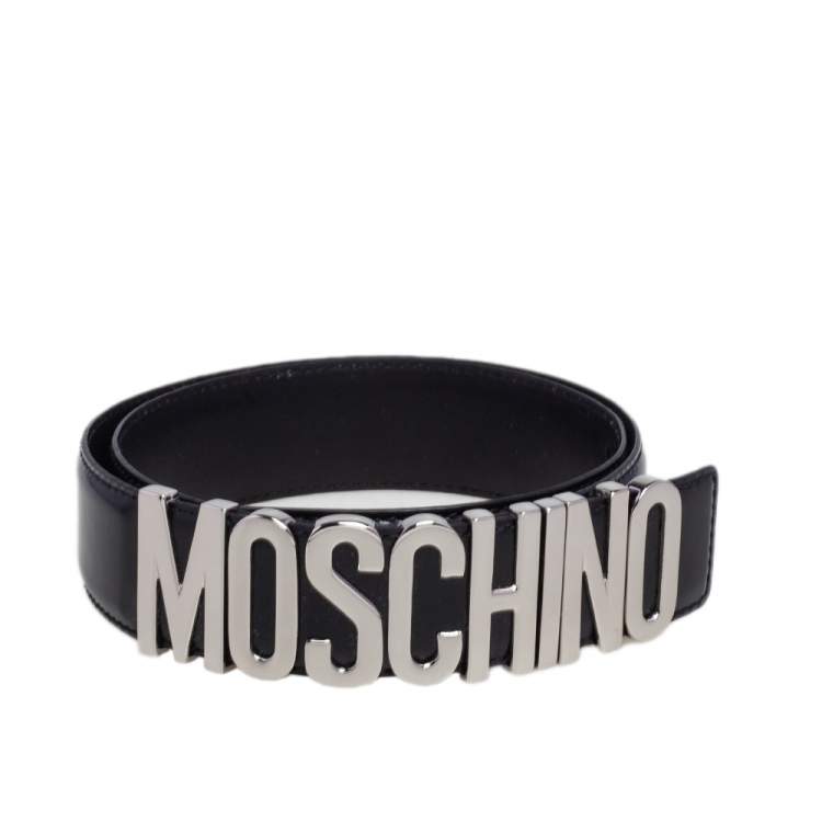 Pre Owned Moschino Black Leather Classic Logo Belt 95 CM