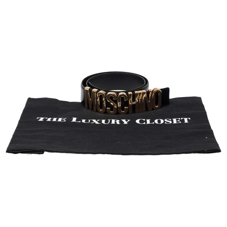 مملوكة مسبقًا Moschino Black Glossy Leather Classic Logo Belt 85 CM
