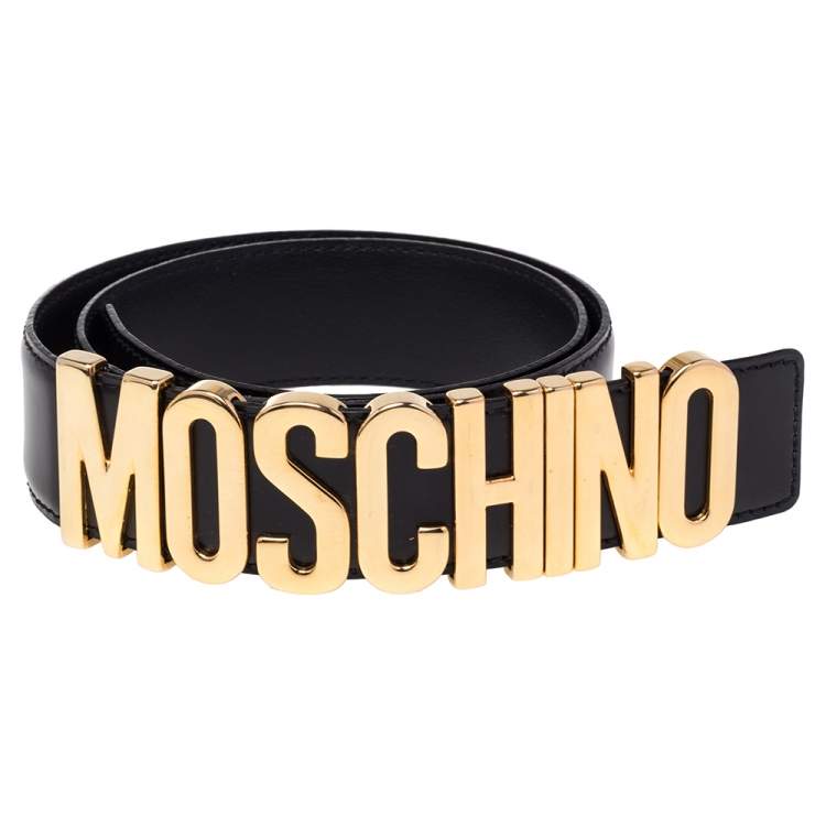 مملوكة مسبقًا Moschino Black Glossy Leather Classic Logo Belt 85 CM