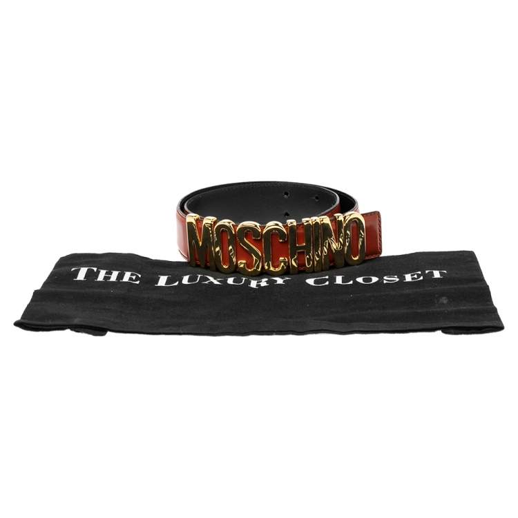 مملوكة مسبقًا Moschino Mahogany Brown Glossy Leather Classic Logo Belt 75CM
