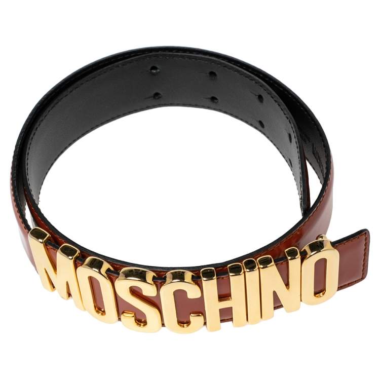 مملوكة مسبقًا Moschino Mahogany Brown Glossy Leather Classic Logo Belt 75CM