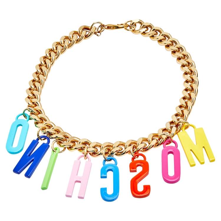 Pre Owned Moschino Multicolor Enameled Logo Charms Curb Chain Necklace