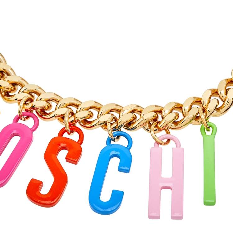 Pre Owned Moschino Multicolor Enameled Logo Charms Curb Chain Necklace