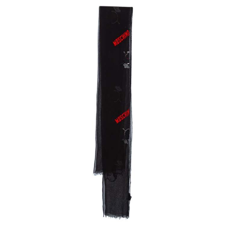 Pre Owned Moschino Black Olive Oyl Embroidered Silk Plisse Scarf