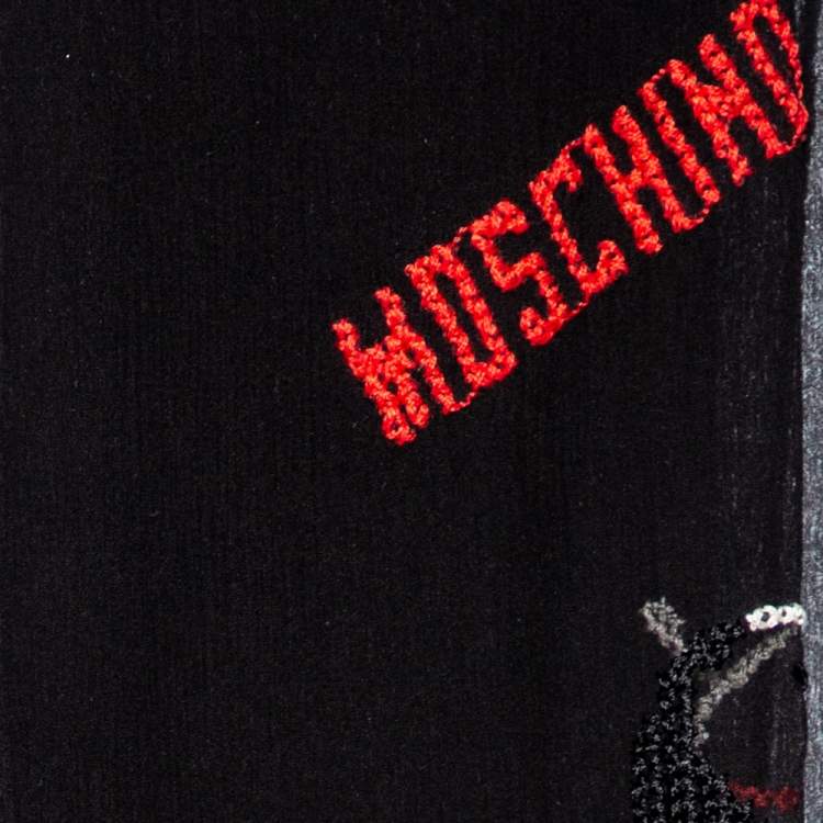 Pre Owned Moschino Black Olive Oyl Embroidered Silk Plisse Scarf