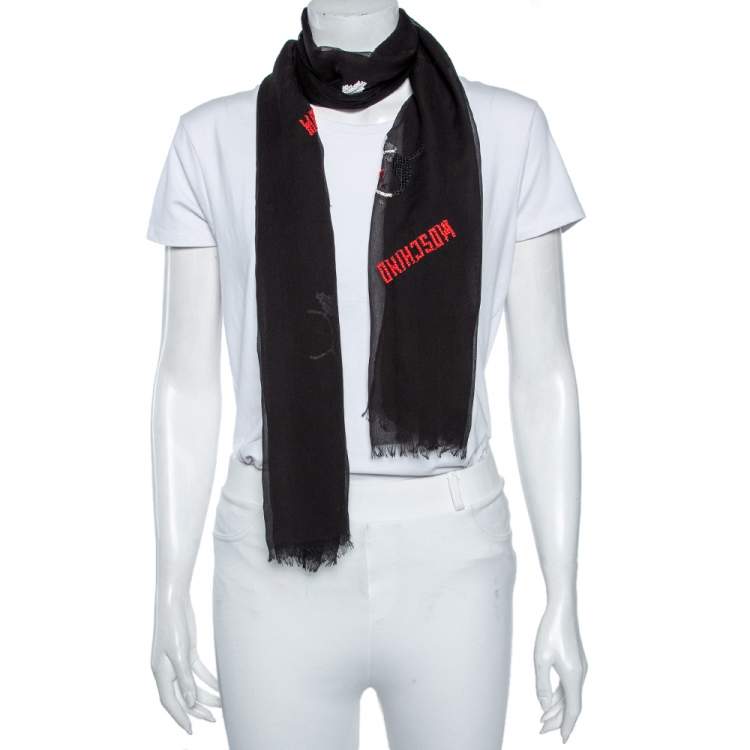 Pre Owned Moschino Black Olive Oyl Embroidered Silk Plisse Scarf