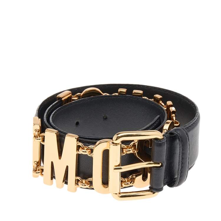Pre Owned Moschino Black Leather Logo Chain Belt 95 CM
