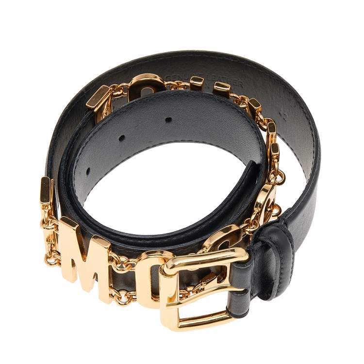 Pre Owned Moschino Black Leather Logo Chain Belt 95 CM