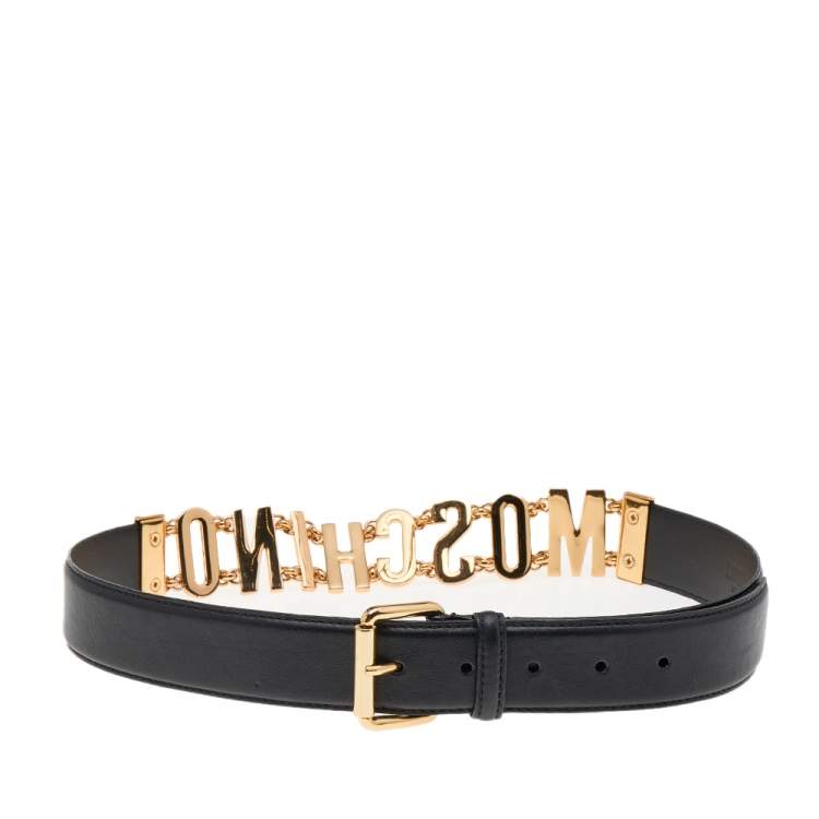 Pre Owned Moschino Black Leather Logo Chain Belt 95 CM