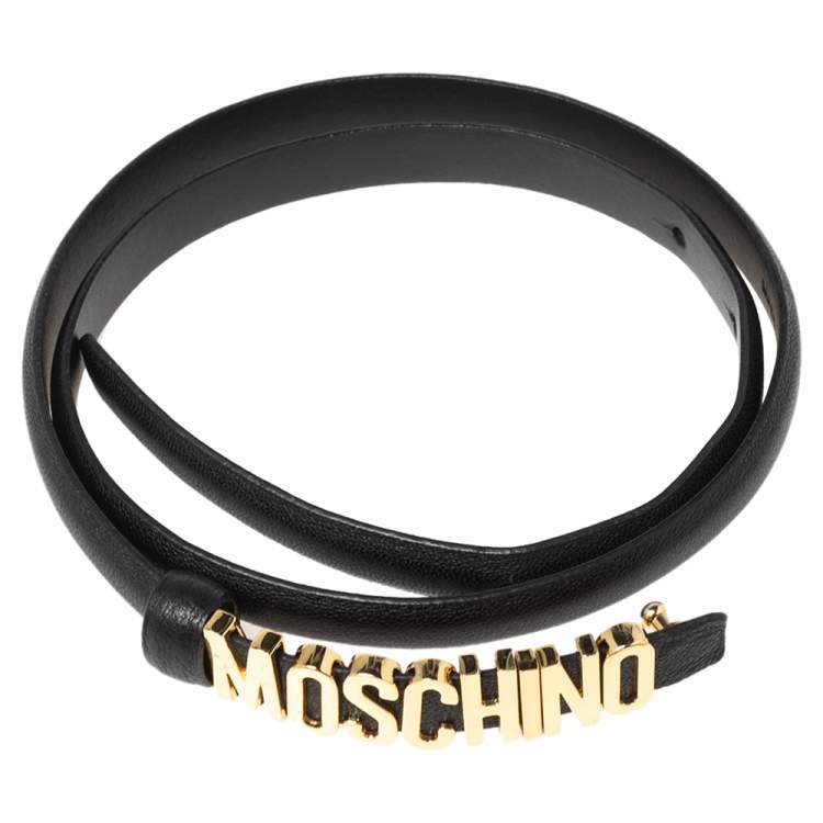 مملوكة مسبقًا Moschino Black Leather Logo Slim Waist Belt 75CM