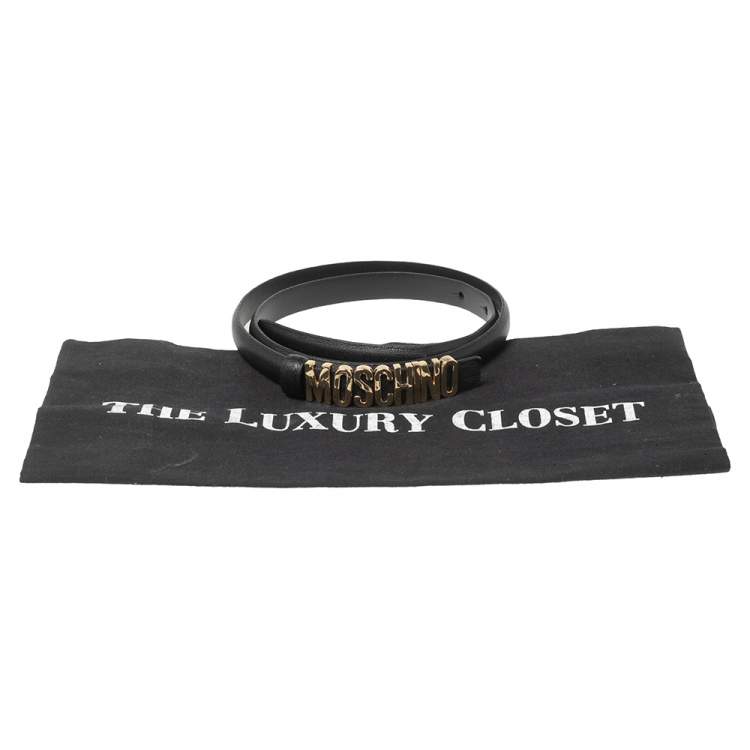 مملوكة مسبقًا Moschino Black Leather Logo Slim Waist Belt 75CM