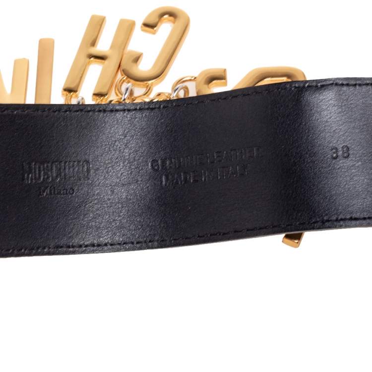 Pre Owned Moschino Black Leather Logo Charm Waist Belt 