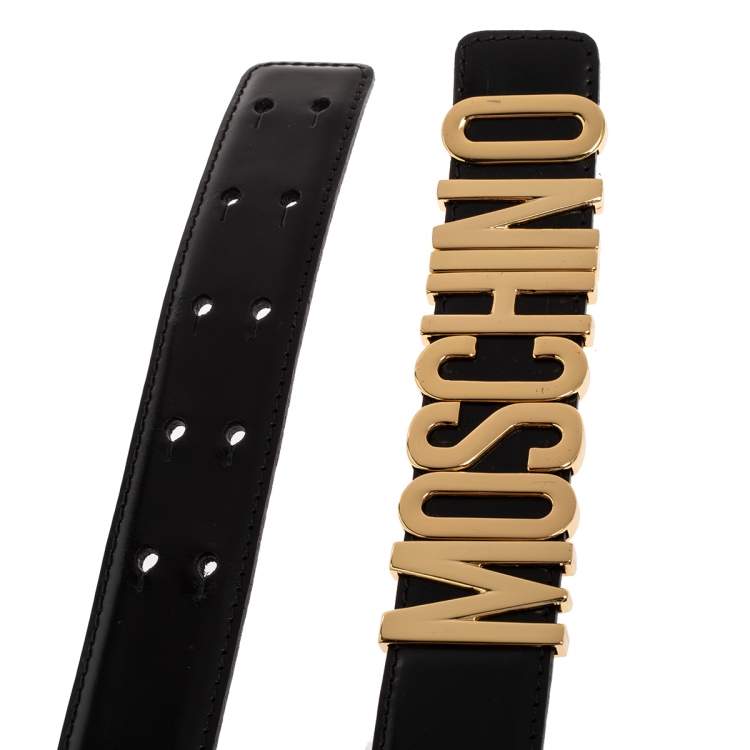 Pre Owned Moschino Black Leather Logo Belt 