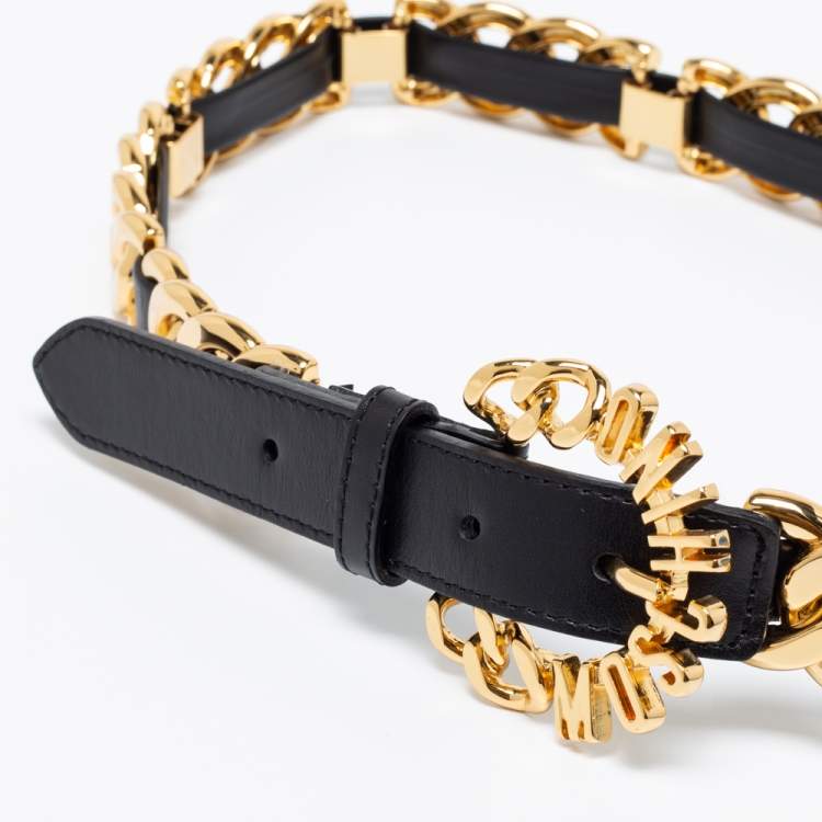 Pre Owned Moschino for H&M Black Leather Logo Buckle Chain Belt