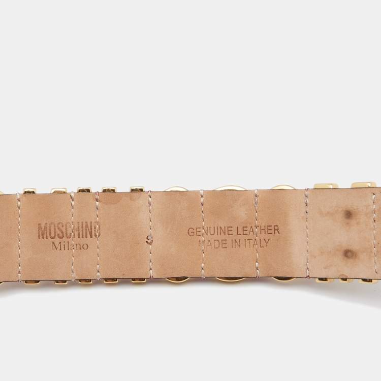 Pre Owned Moschino Logo Plaque Red Leather Gold Tone Metal Cuff Bracelet
