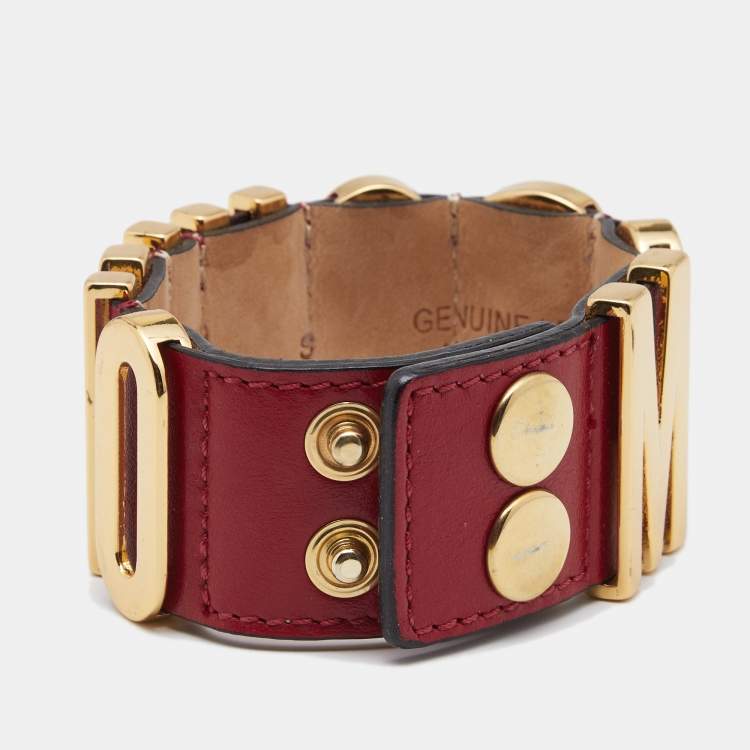 Pre Owned Moschino Logo Plaque Red Leather Gold Tone Metal Cuff Bracelet
