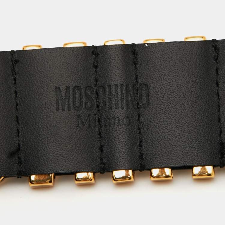 Pre Owned Moschino Black Logo Plaque Leather Wrap Bracelet
