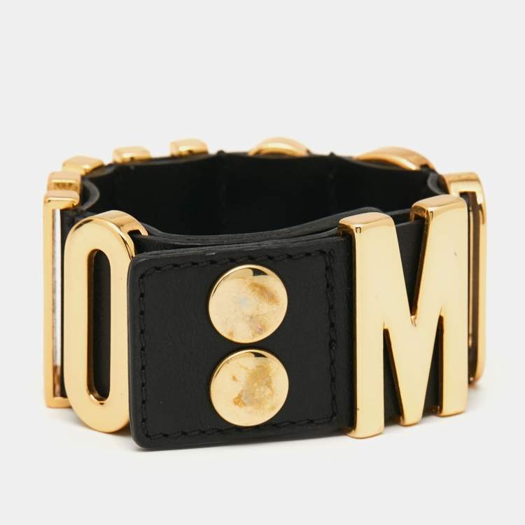 Pre Owned Moschino Black Logo Plaque Leather Wrap Bracelet