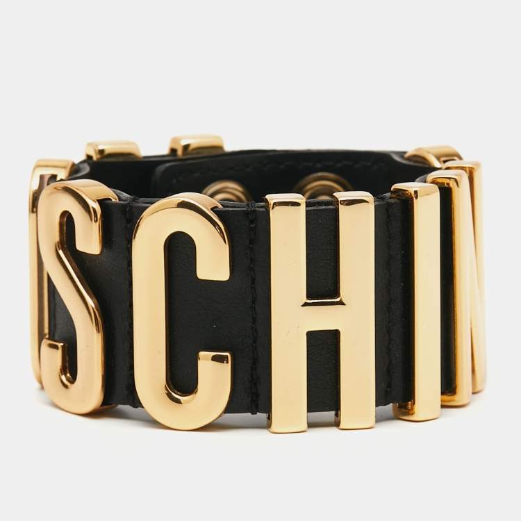 Pre Owned Moschino Black Logo Plaque Leather Wrap Bracelet