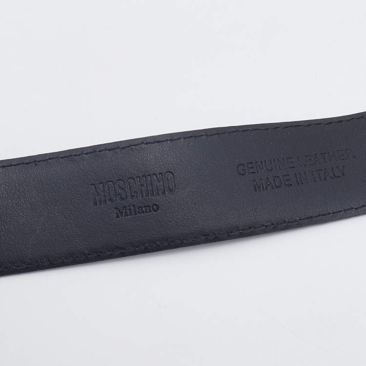 Pre Owned Moschino Black Leather Multicolor Logo Lettering Belt 95CM