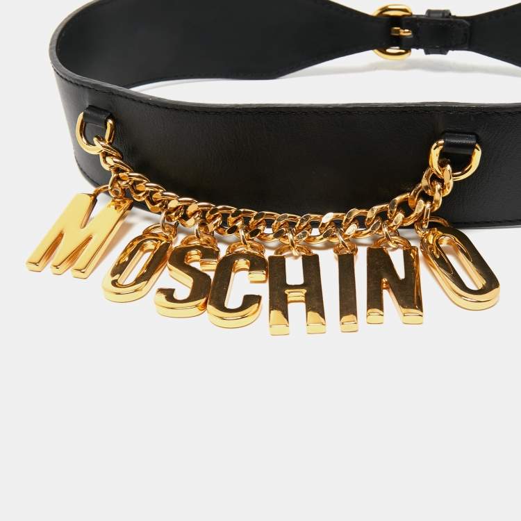 Pre Owned Moschino Black Leather Logo Charm Waist Belt 70CM