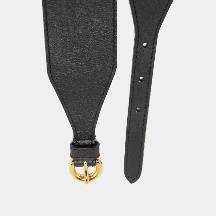 Pre Owned Moschino Black Leather Logo Charm Waist Belt 70CM