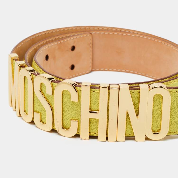Pre Owned Moschino Yellow Leather Logo Belt 90CM