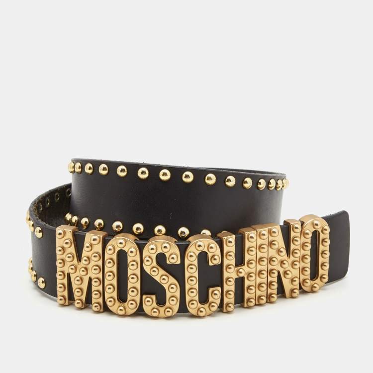 Pre Owned Moschino Black Leather Studded Classic Logo Waist Belt