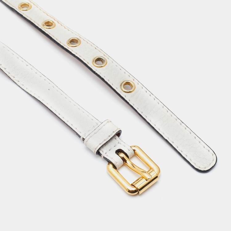 Pre Owned Moschino Off White Leather Logo Buckle Waist Belt 100CM