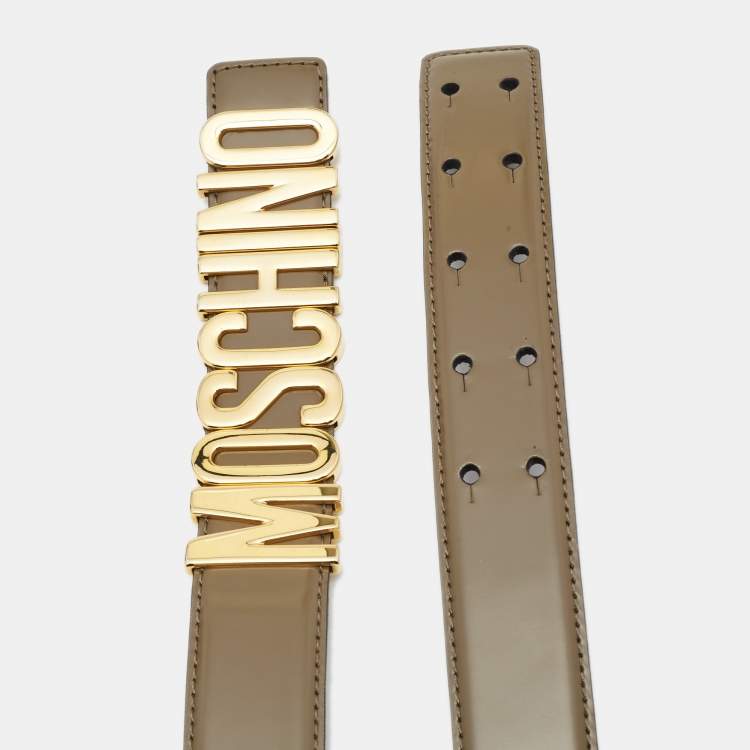 Pre Owned Moschino Olive Green Glossy Leather Classic Logo Belt